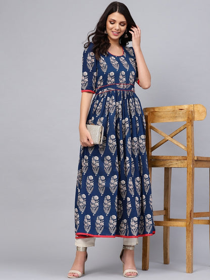 Women's Royal Blue Printed Floor Length Anarkali