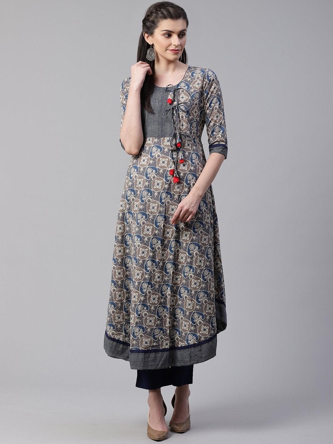 Women's Blue And Grey Cotton Anarkali