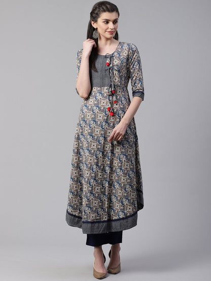 Women's Blue And Grey Cotton Anarkali
