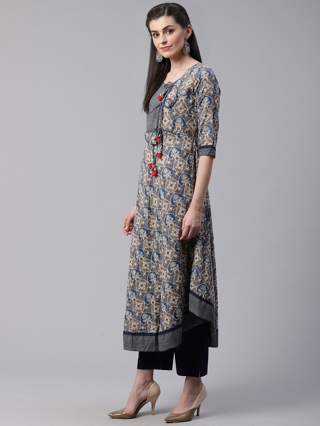 Women's Blue And Grey Cotton Anarkali