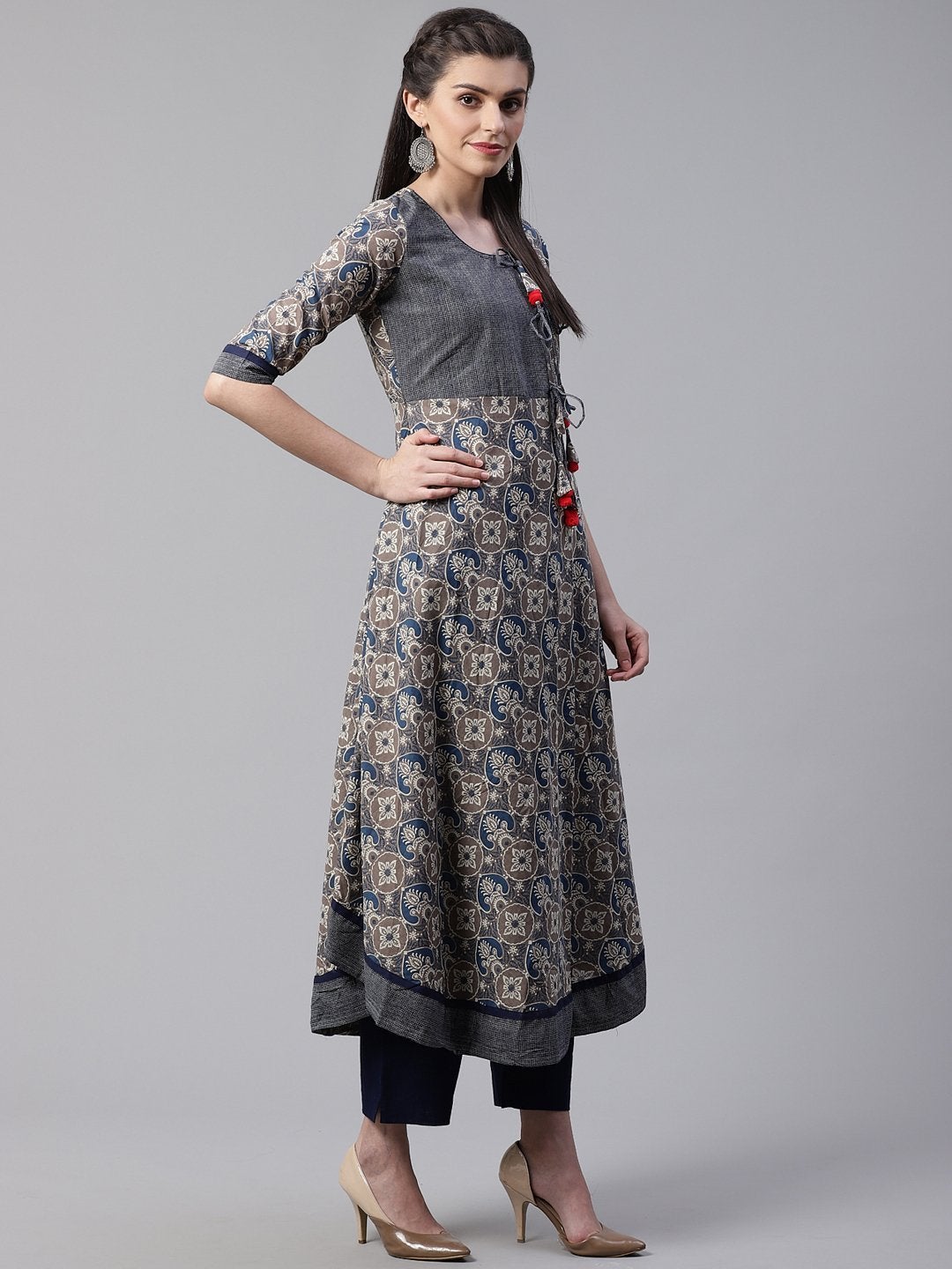 Women's Blue And Grey Cotton Anarkali