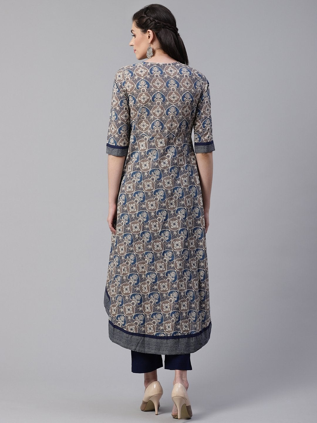 Women's Blue And Grey Cotton Anarkali