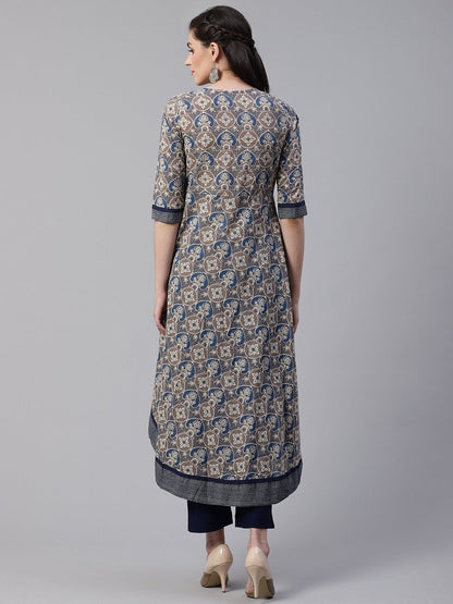 Women's Blue And Grey Cotton Anarkali