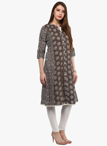 Women's Grey Cotton A-Line Kurti