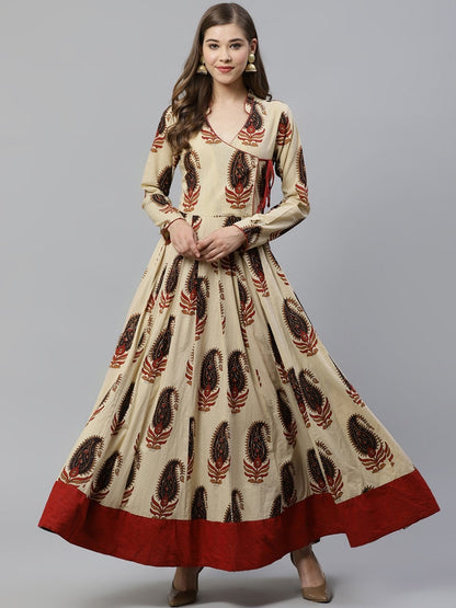 Women's Cream Floor Length Cotton Anarkali Kurti