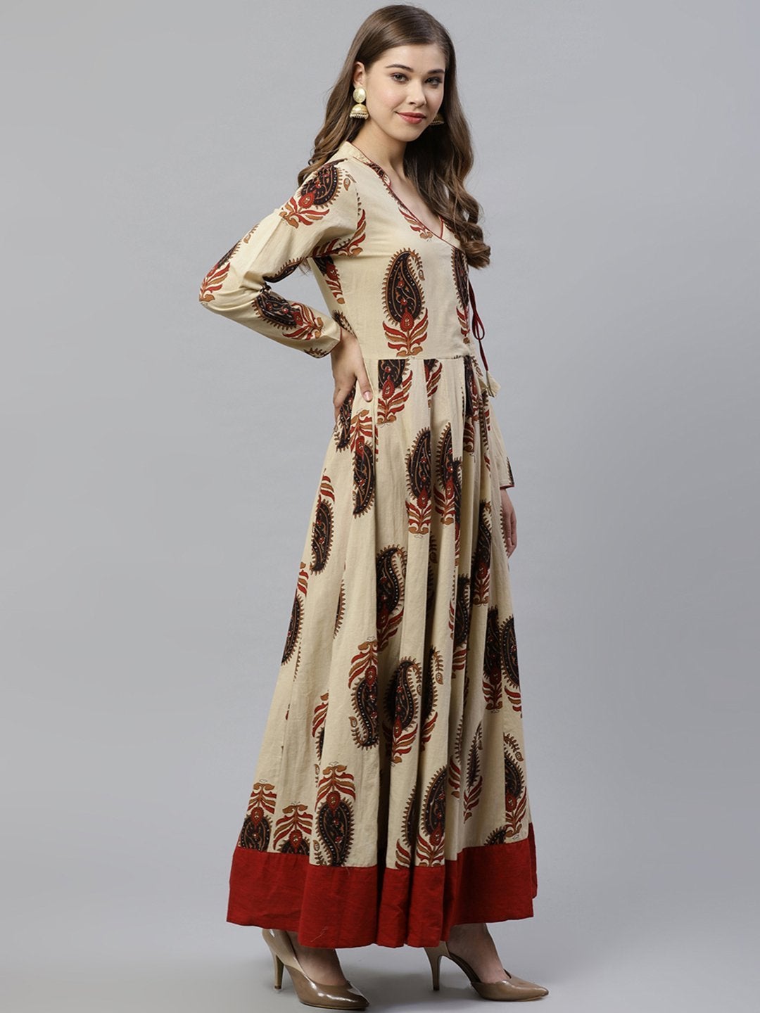 Women's Cream Floor Length Cotton Anarkali Kurti