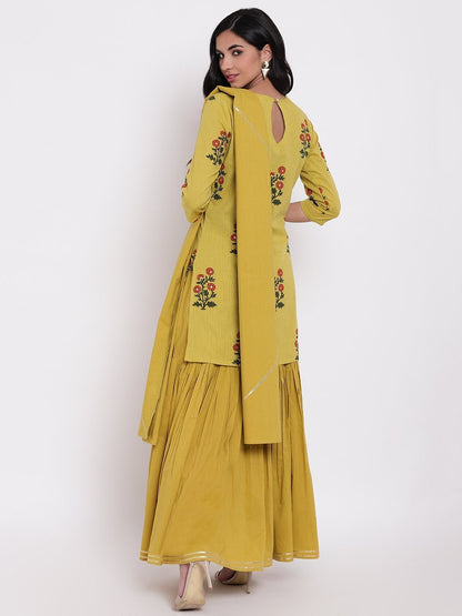 Women's lemon yellow cotton sharara kurta set with dupatta