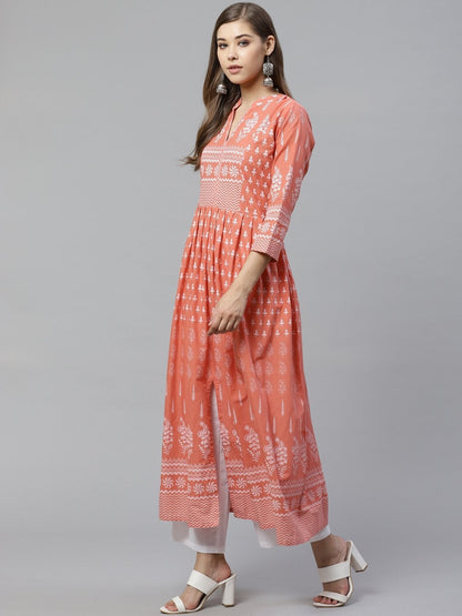 Women's Pink A Line Printed Cotton Kurta