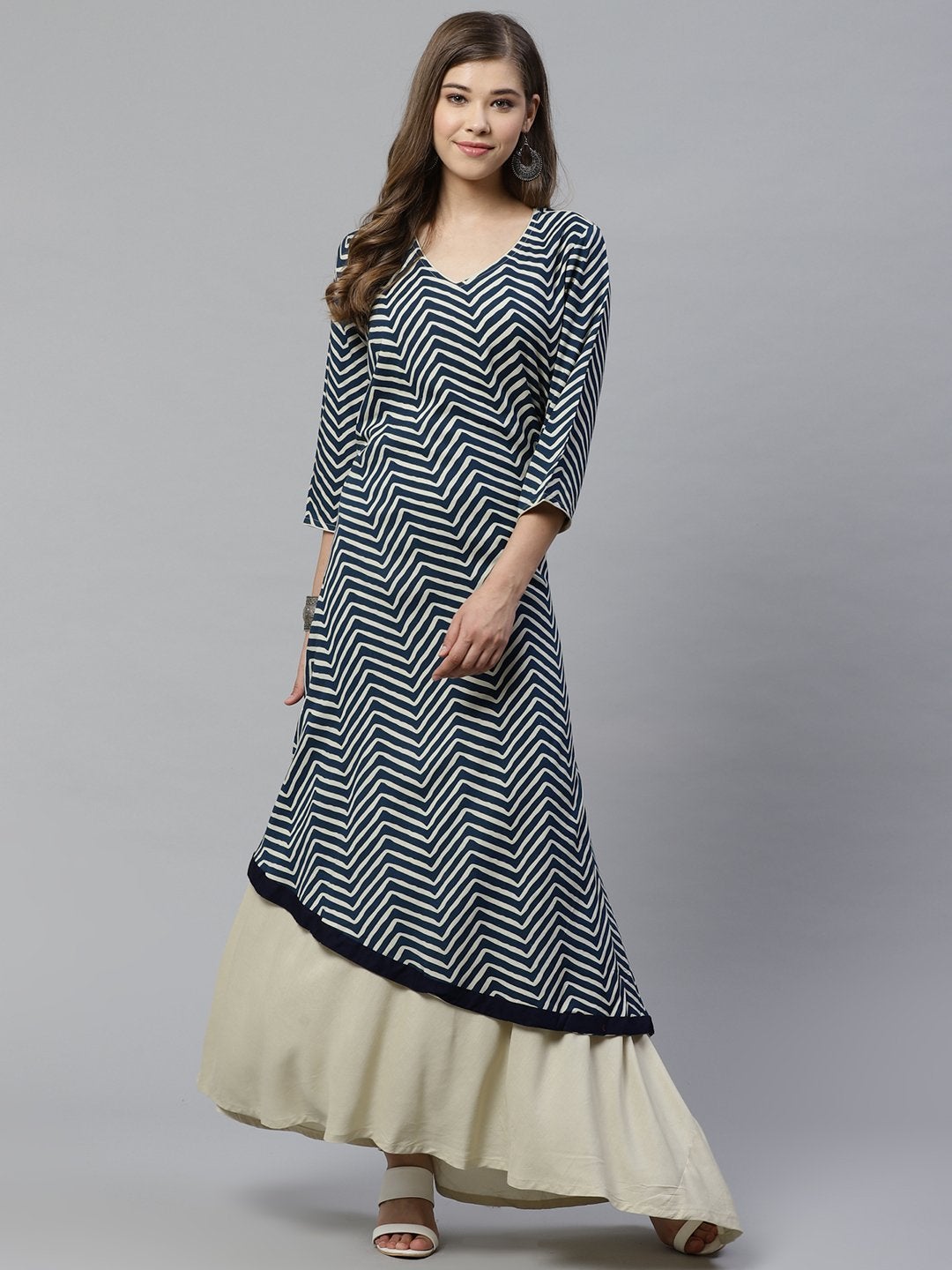 Women's double layered blue and cream rayon kurta