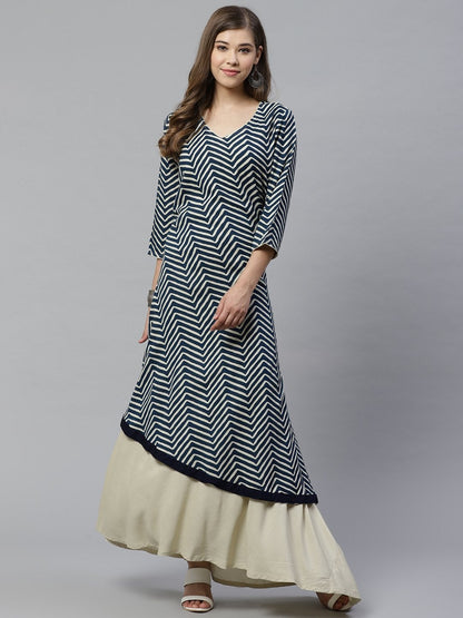Women's double layered blue and cream rayon kurta