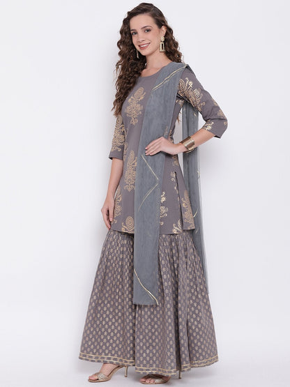 Women's Grey Foil Print Cotton Sharara Set with Net Dupatta