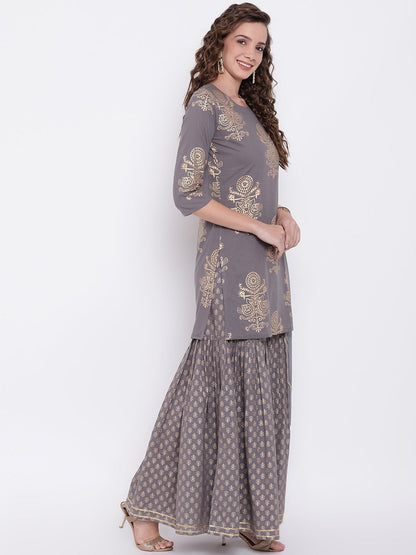 Women's Grey Foil Print Cotton Sharara Set with Net Dupatta