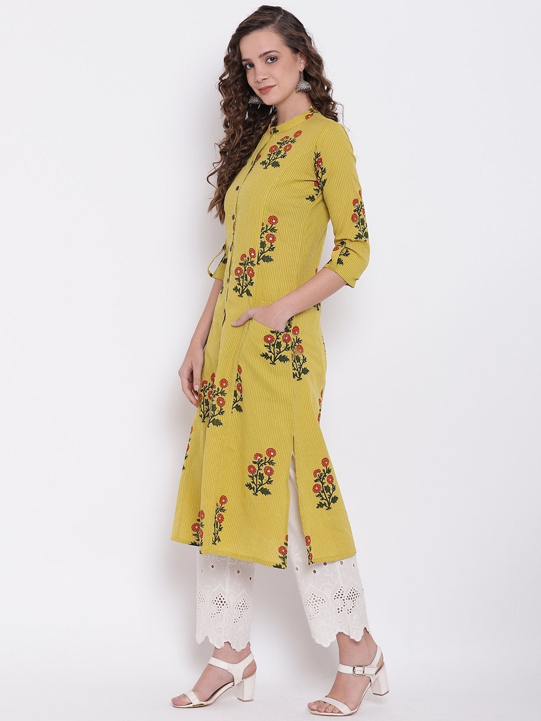 Women's Lemon Yellow Straight Cotton Kurta