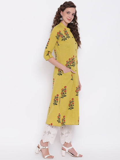 Women's Lemon Yellow Straight Cotton Kurta