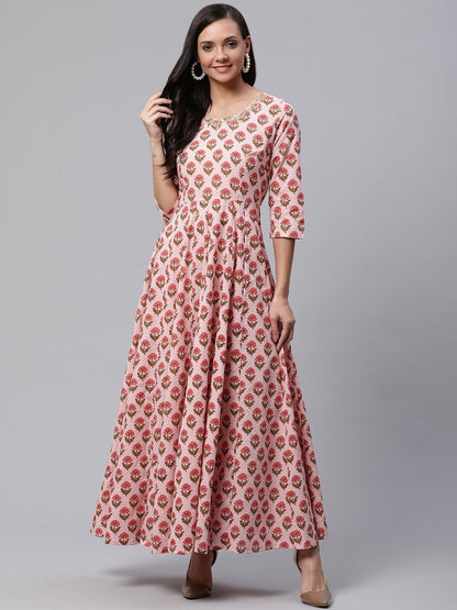 Women's Pink Cotton Gotta Patti Work Anarkali Kurta