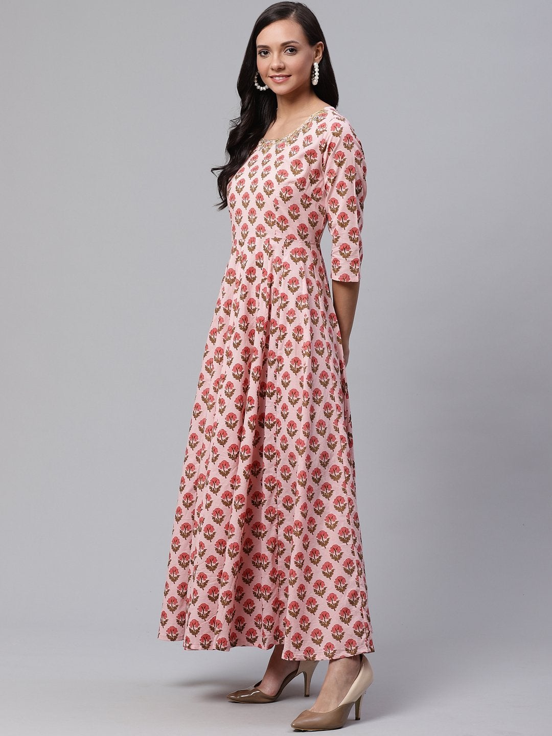 Women's Pink Cotton Gotta Patti Work Anarkali Kurta