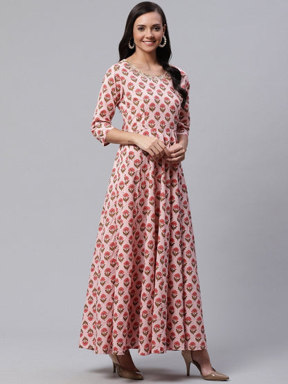 Women's Pink Cotton Gotta Patti Work Anarkali Kurta