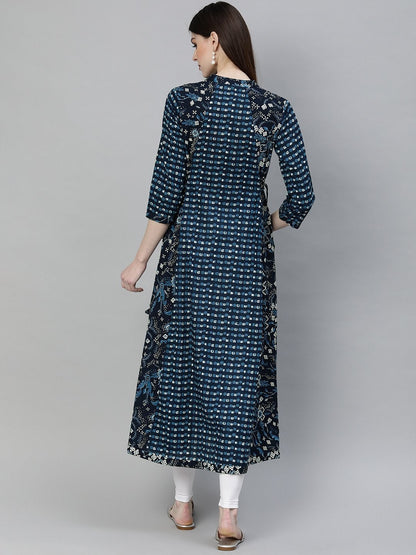 Women's Navy Blue Printed A- Line Kurta