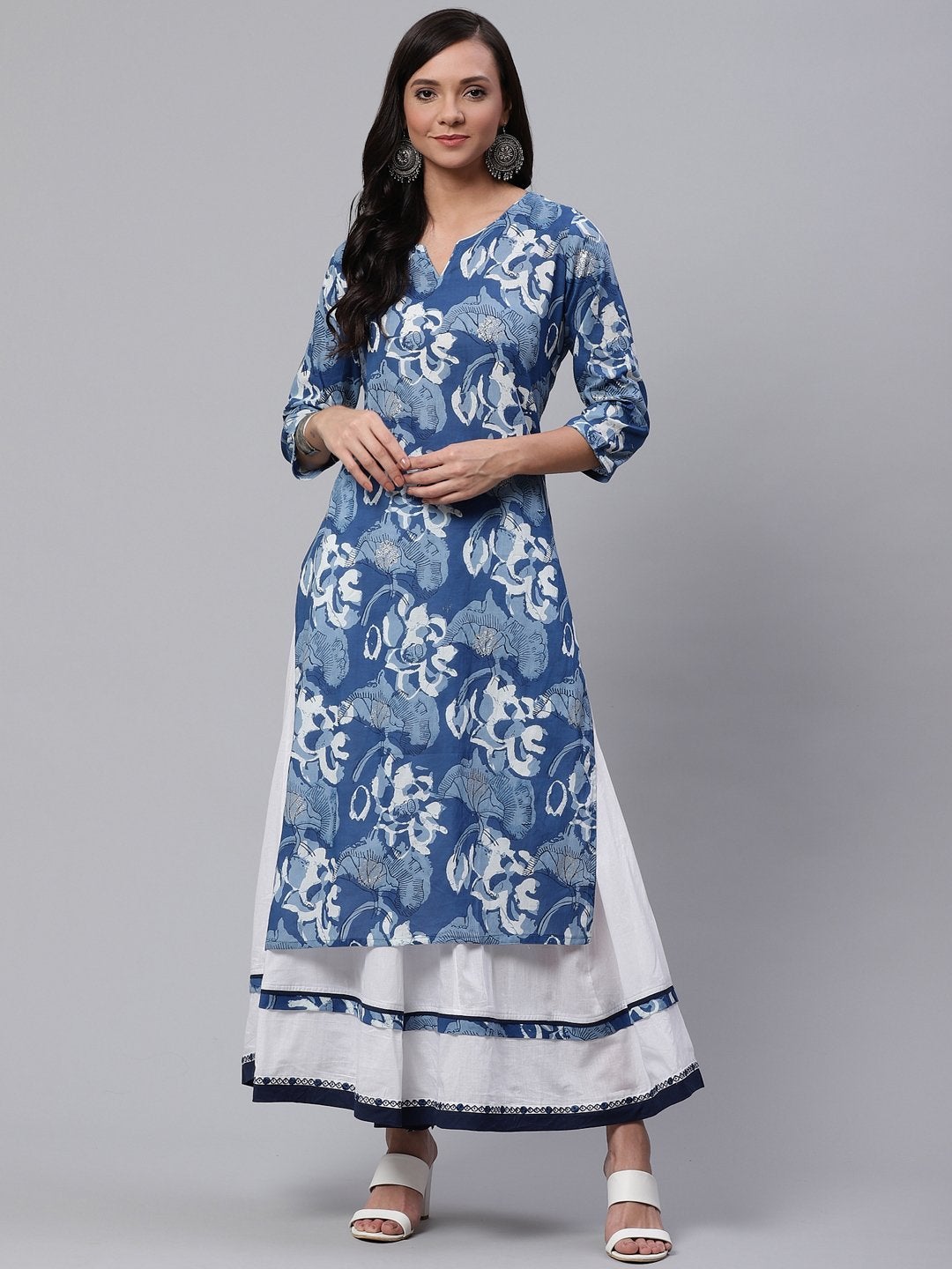 Women's Blue Cotton Kurta With Mulmul Sharara