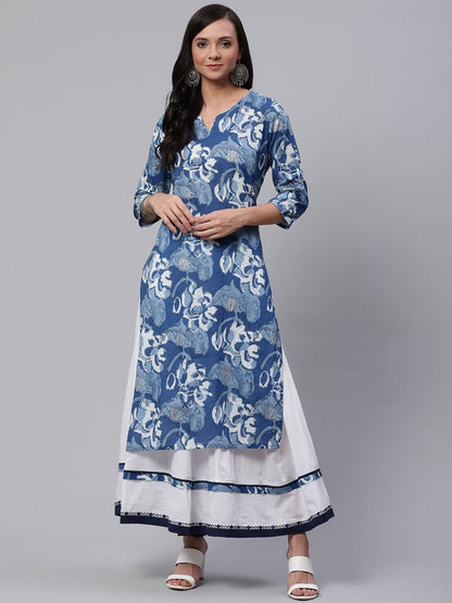 Women's Blue Cotton Kurta With Mulmul Sharara
