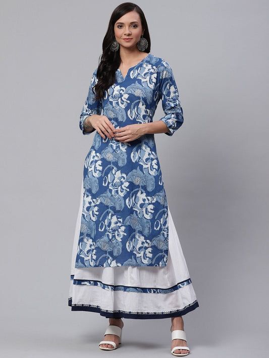 Women's Blue Cotton Kurta With Mulmul Sharara