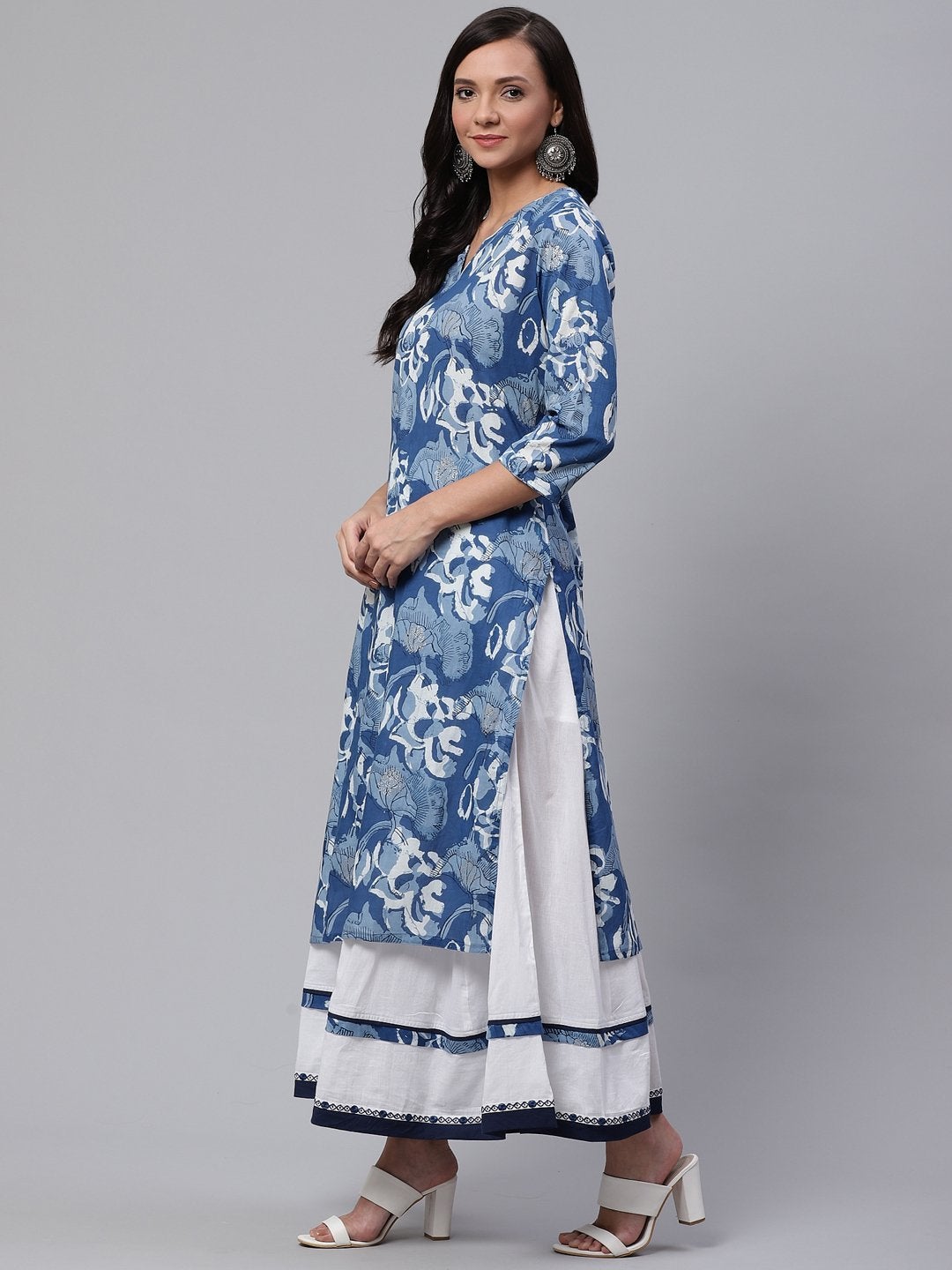 Women's Blue Cotton Kurta With Mulmul Sharara