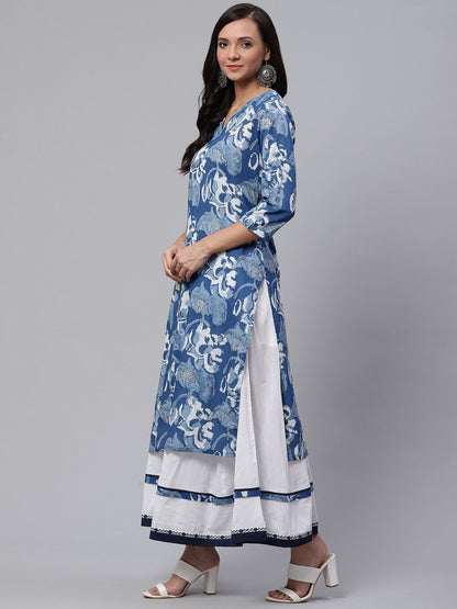 Women's Blue Cotton Kurta With Mulmul Sharara