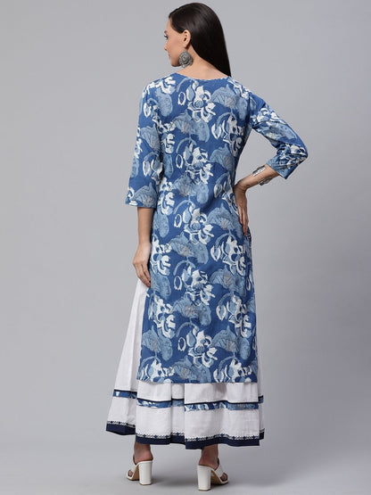 Women's Blue Cotton Kurta With Mulmul Sharara