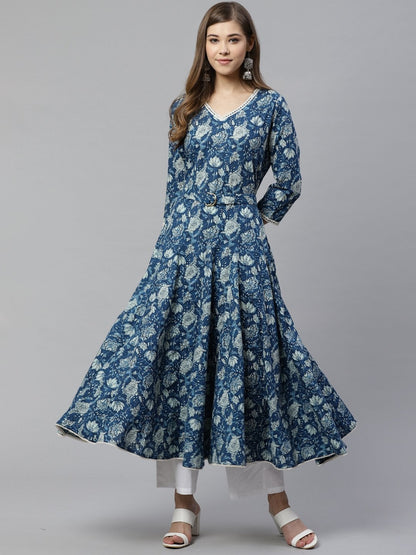 Women's Indigo Flaired Kurta With Belt