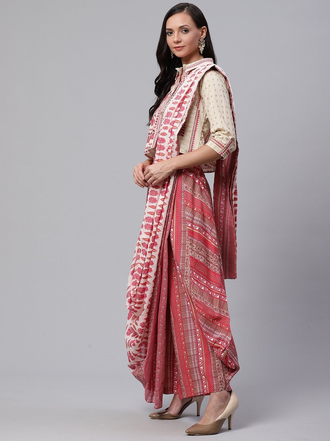 Women's Drape Style Kurti Plazzo Set With Attached Dupatta