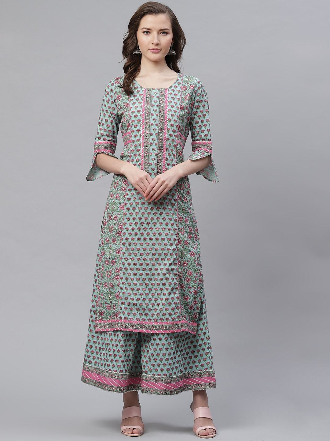 Women's Blue Printed Straight Kurti With Palazzo