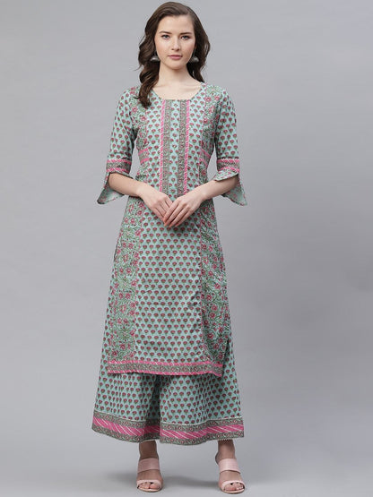 Women's Blue Printed Straight Kurti With Palazzo