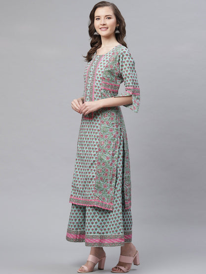 Women's Blue Printed Straight Kurti With Palazzo