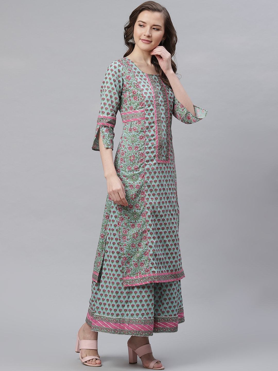 Women's Blue Printed Straight Kurti With Palazzo