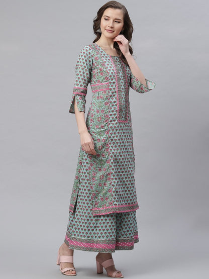 Women's Blue Printed Straight Kurti With Palazzo