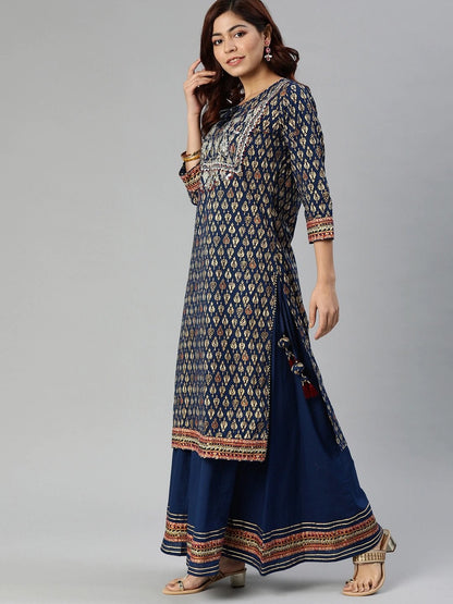 Women's Navy Blue Cotton Gota Patti Palazzo Set