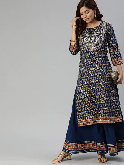 Women's Navy Blue Cotton Gota Patti Palazzo Set