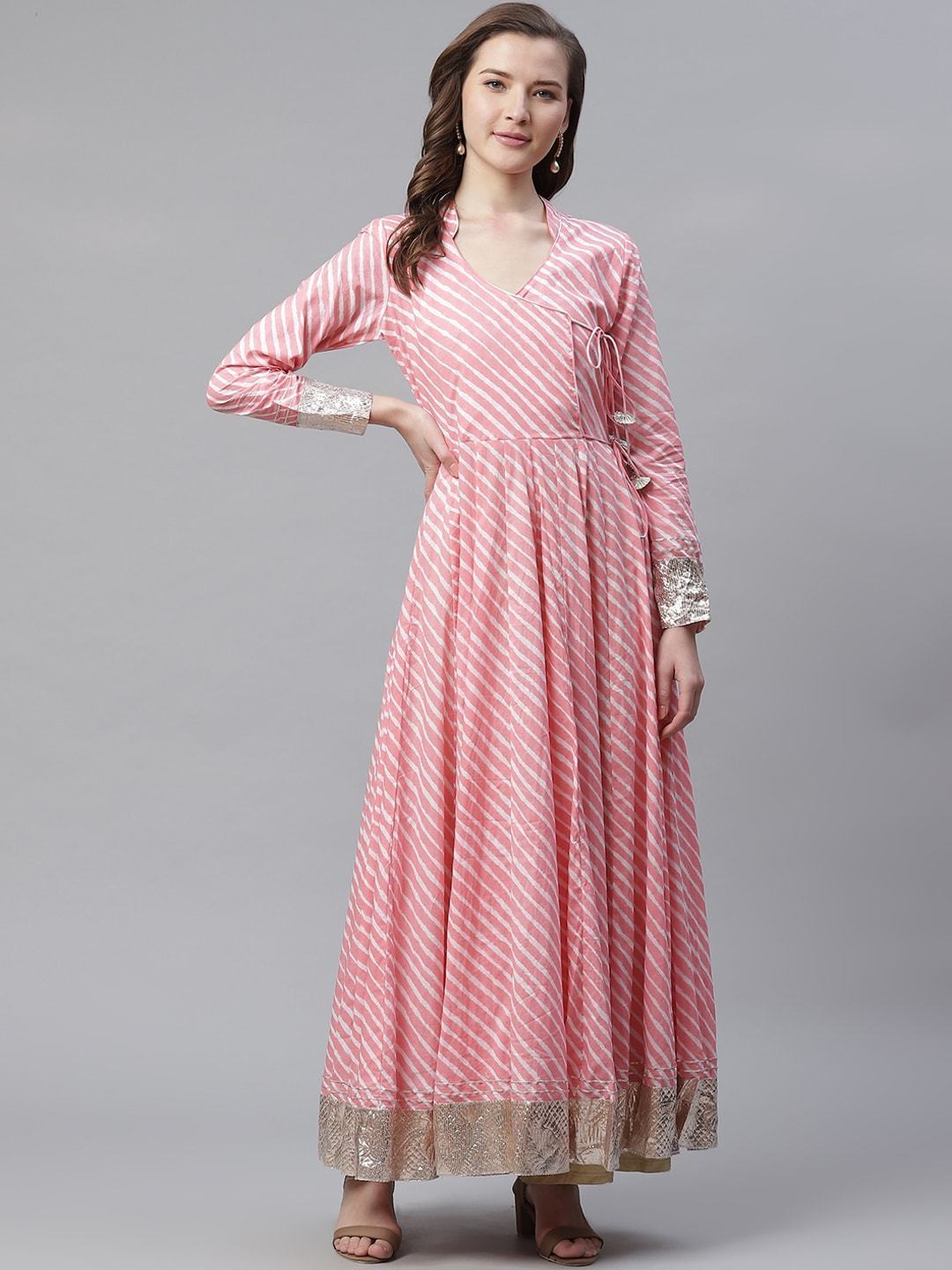 Women's Pink Leheriya Cotton Anarkali With Copper Lace