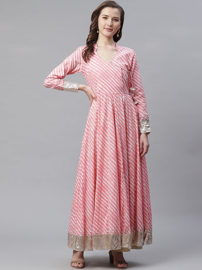 Women's Pink Leheriya Cotton Anarkali With Copper Lace