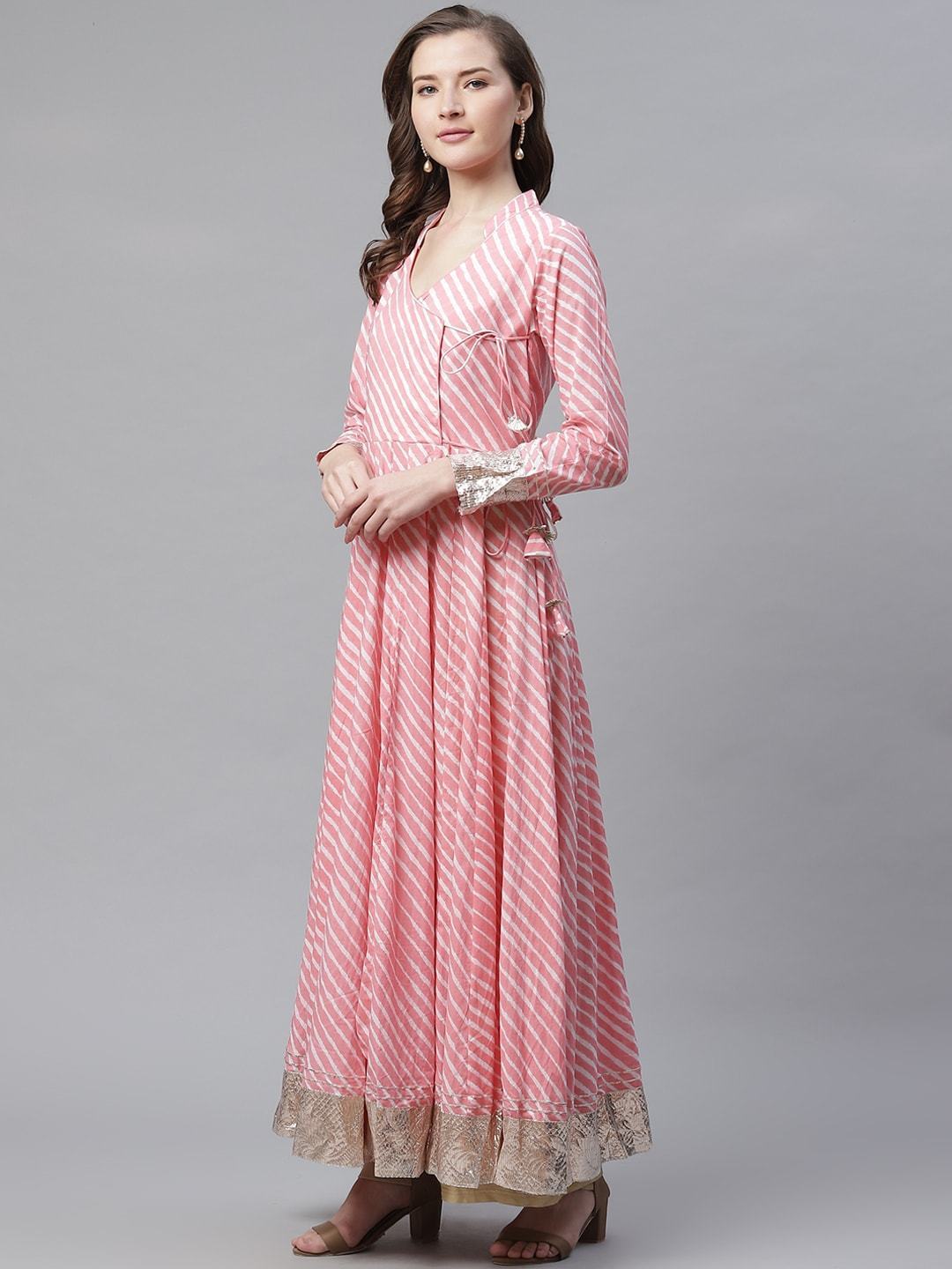 Women's Pink Leheriya Cotton Anarkali With Copper Lace