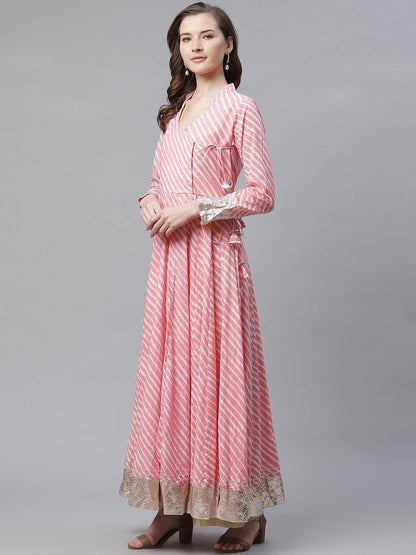 Women's Pink Leheriya Cotton Anarkali With Copper Lace