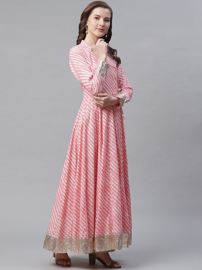 Women's Pink Leheriya Cotton Anarkali With Copper Lace