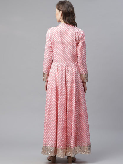 Women's Pink Leheriya Cotton Anarkali With Copper Lace