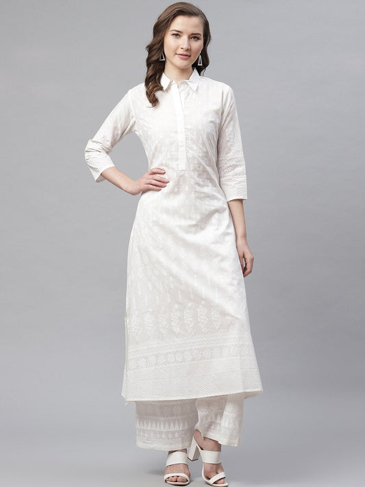 Women's The Dressify White Printed Cotton Kurti With Palazzo