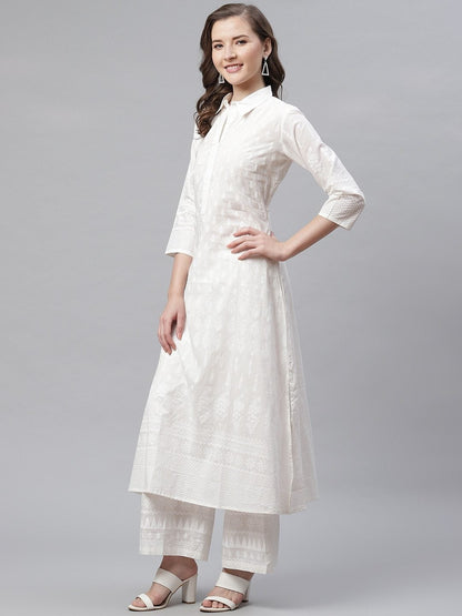 Women's The Dressify White Printed Cotton Kurti With Palazzo