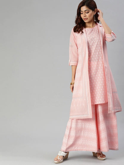 Women's Baby Pink Three Piece Palazzo Set With Jacket