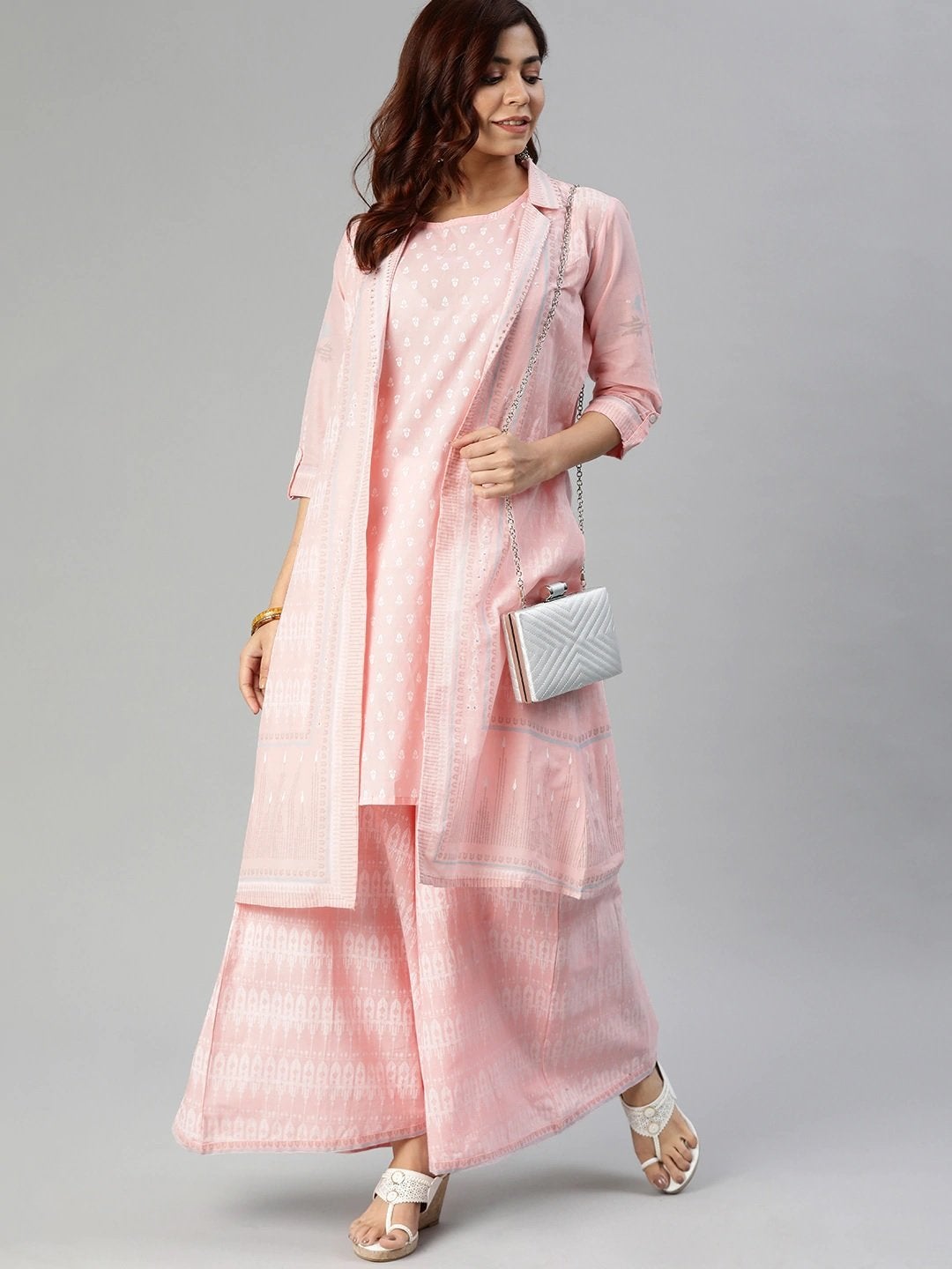 Women's Baby Pink Three Piece Palazzo Set With Jacket