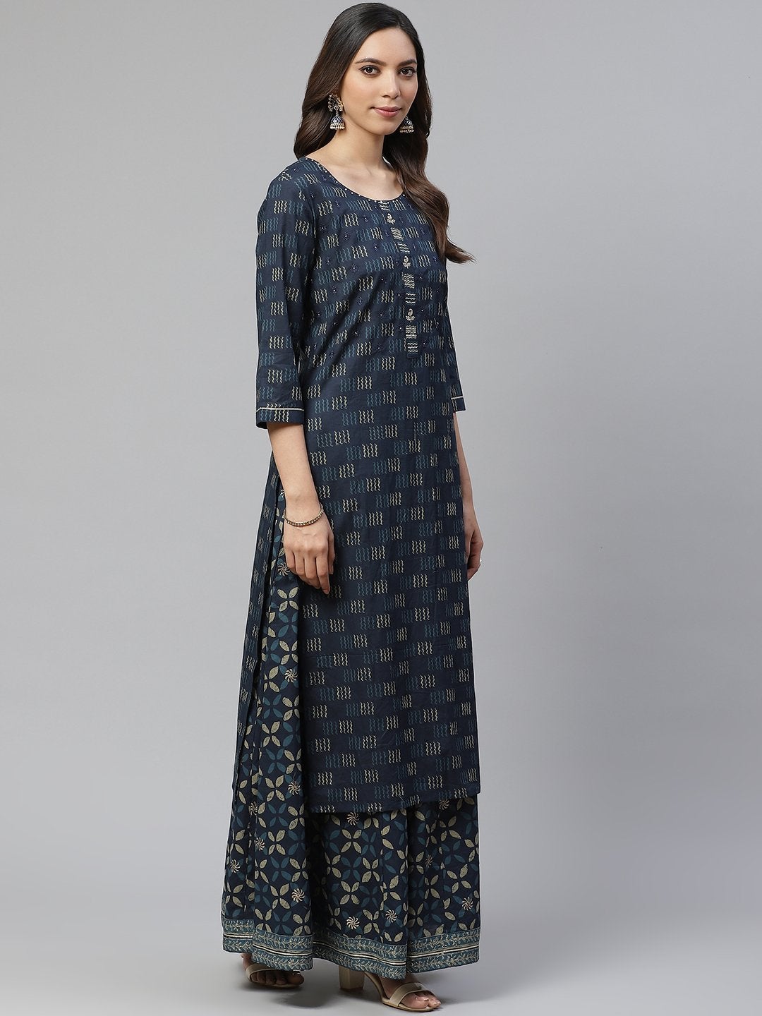 Women's Indigo Kurta Set With Palazzo and Dupatta