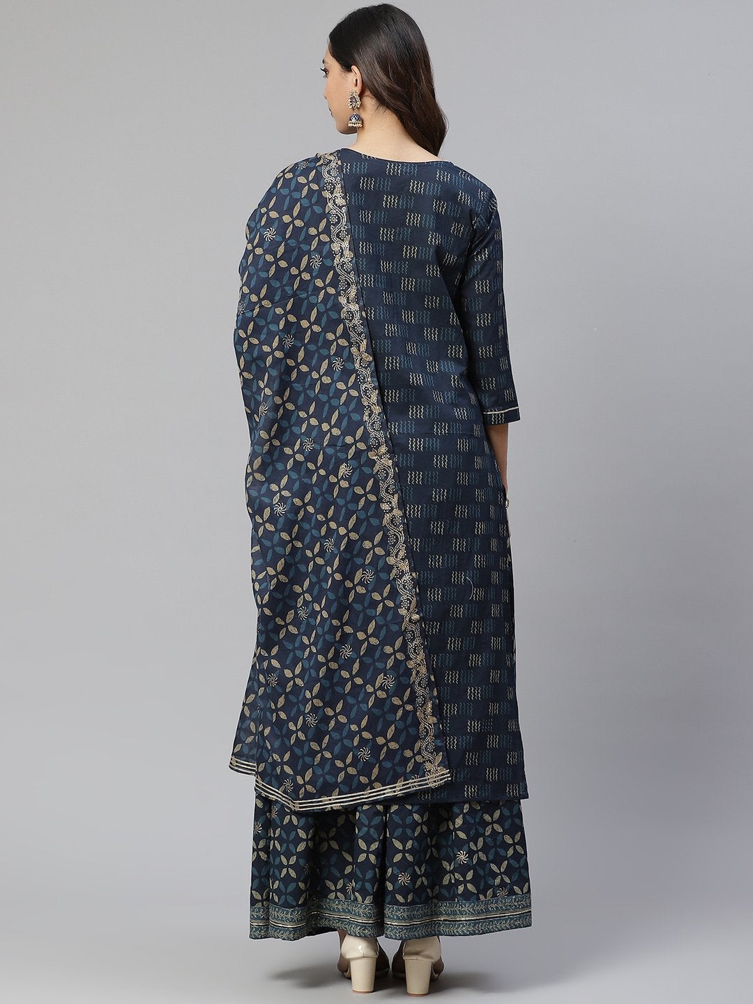 Women's Indigo Kurta Set With Palazzo and Dupatta