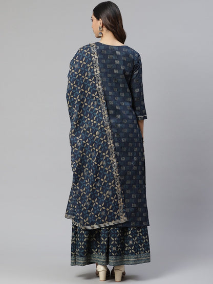 Women's Indigo Kurta Set With Palazzo and Dupatta